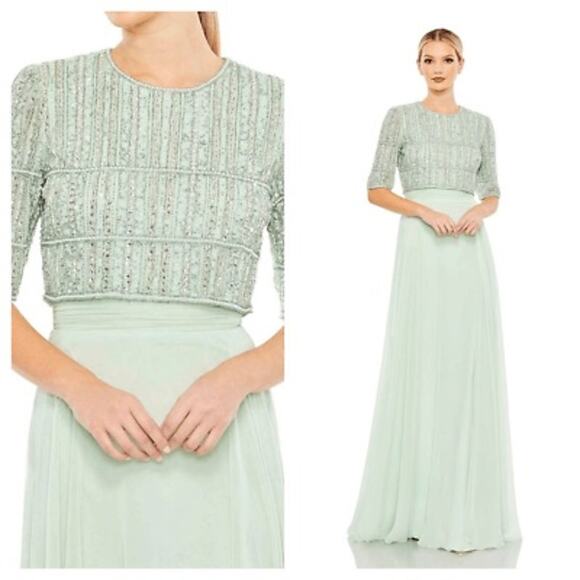 MAC DUGGAL 9180 Sage Chiffon Beaded 3/4 Sleeve Gown Size 14 NWOT - Picture 4 of 8
